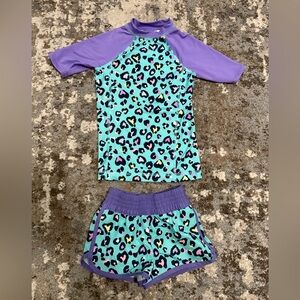 Kids' Teal Leopard Rashguard Set with Purple Sleeves